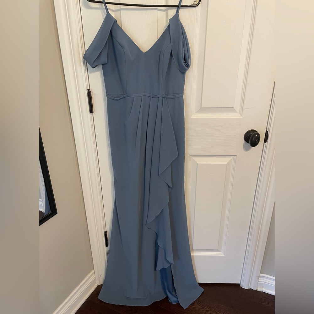 David’s Bridal steel blue bridesmaid dress